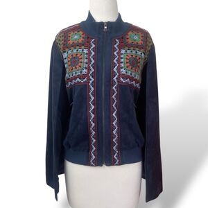 BCBG Maxazria Women Upas Cape Jacket Size L Blue Granny Square Full Zip Pocket